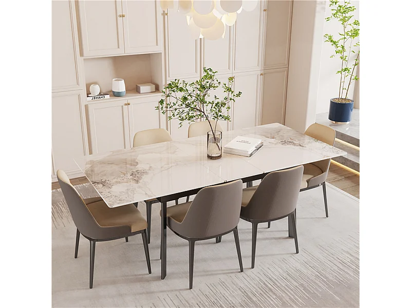 Mesa de comedor extensible de piedra sinterizada con efecto mármol blanco para 4 a 8 comensales 130-160cm