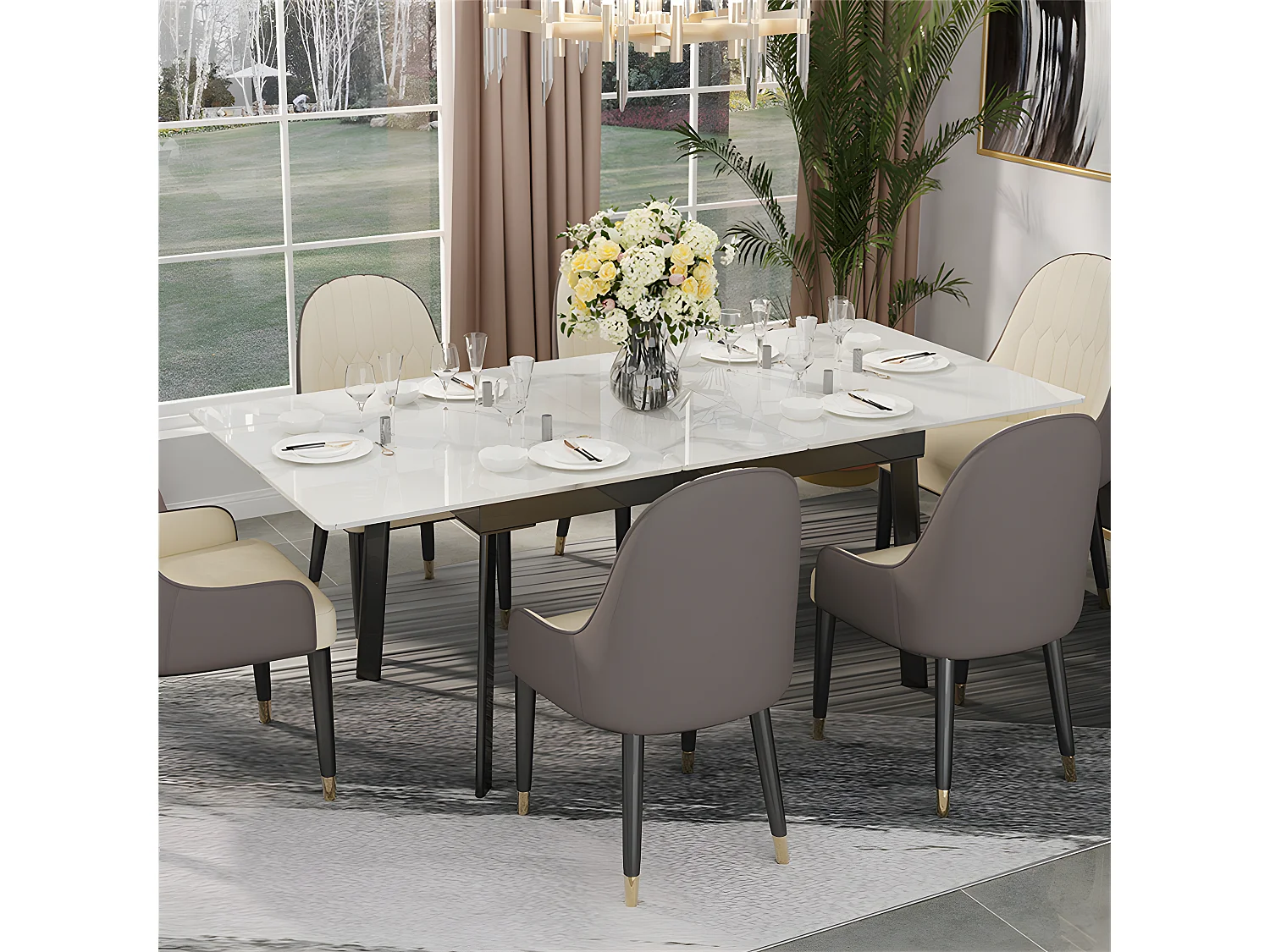 Table à manger extensible 4 à 8 couverts en pierre frittée  - Effet Marbre Blanc - 130-160cm