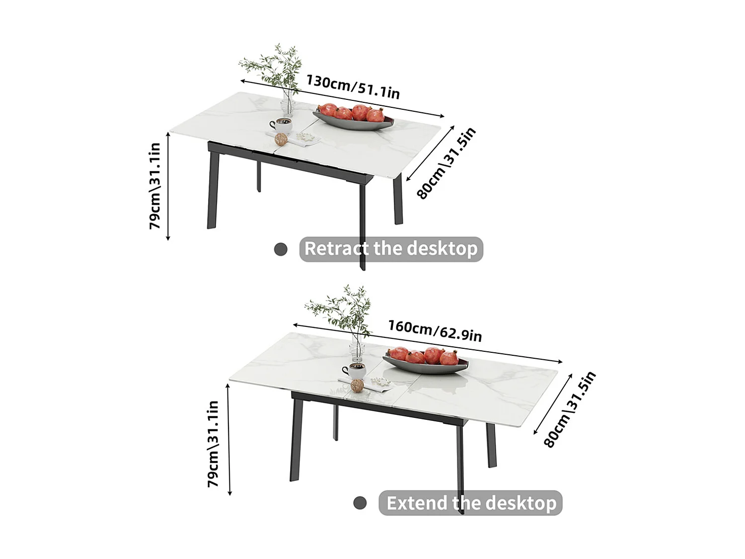 Table à manger extensible 4 à 8 couverts en pierre frittée  - Effet Marbre Blanc - 130-160cm