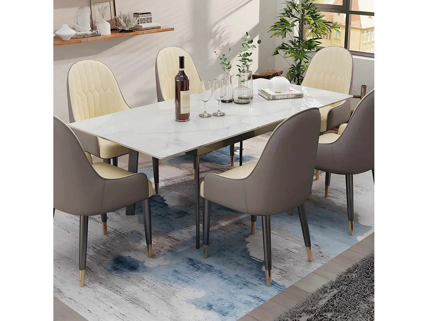 Table à manger extensible 4 à 8 couverts en pierre frittée  - Effet Marbre Blanc - 130-160cm