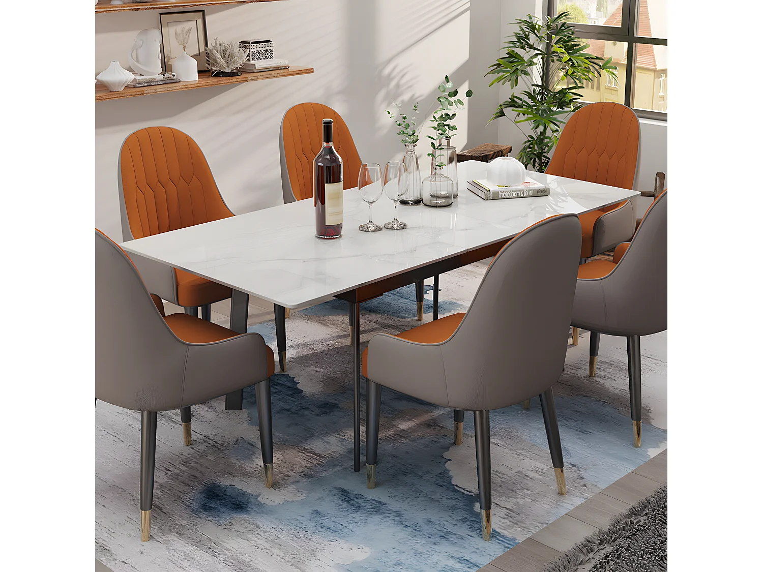 Table à manger extensible 4 à 8 couverts en pierre frittée  - Effet Marbre Blanc - 130-160cm