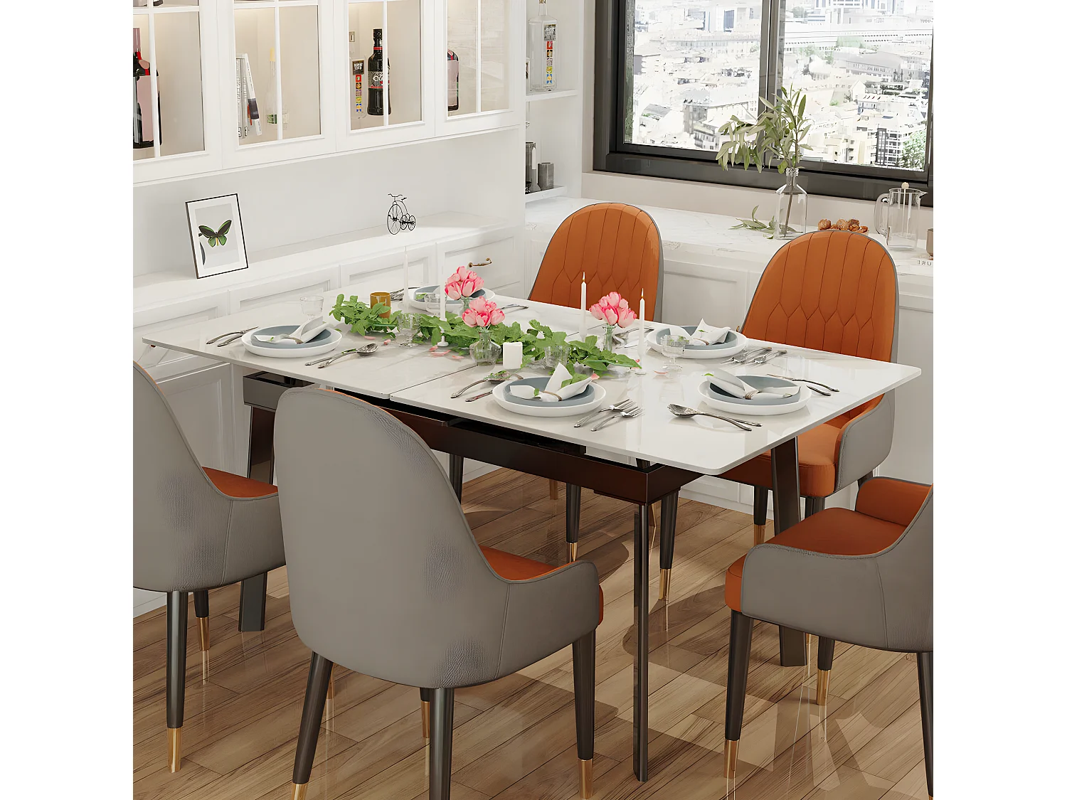 Table à manger extensible 4 à 8 couverts en pierre frittée  - Effet Marbre Blanc - 130-160cm