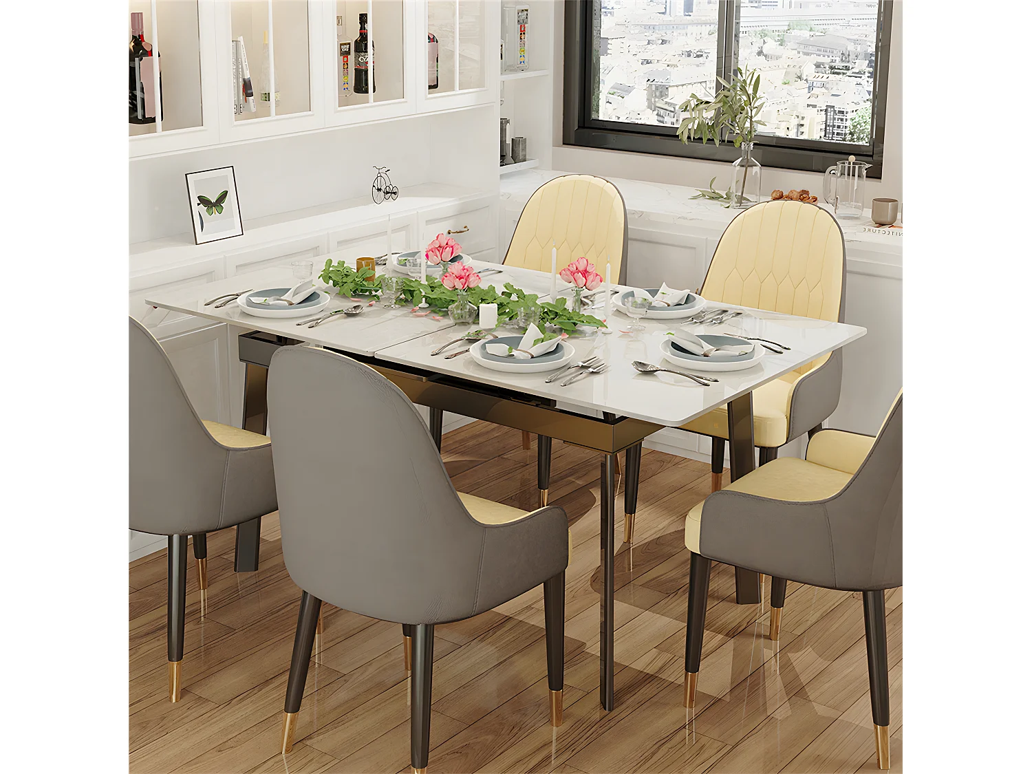 Table à manger extensible 4 à 8 couverts en pierre frittée  - Effet Marbre Blanc - 130-160cm