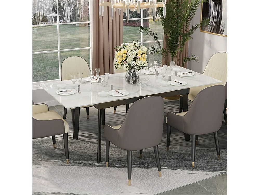 Table à manger extensible 4 à 8 couverts en pierre frittée  - Effet Marbre Blanc - 130-160cm