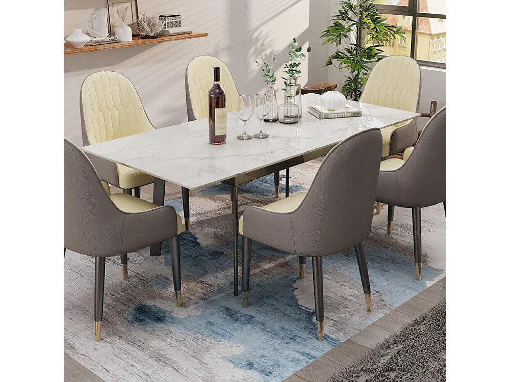 Table à manger extensible 4 à 8 couverts en pierre frittée  - Effet Marbre Blanc - 130-160cm