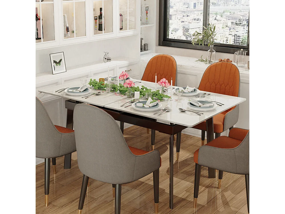 Table à manger extensible 4 à 8 couverts en pierre frittée  - Effet Marbre Blanc - 130-160cm