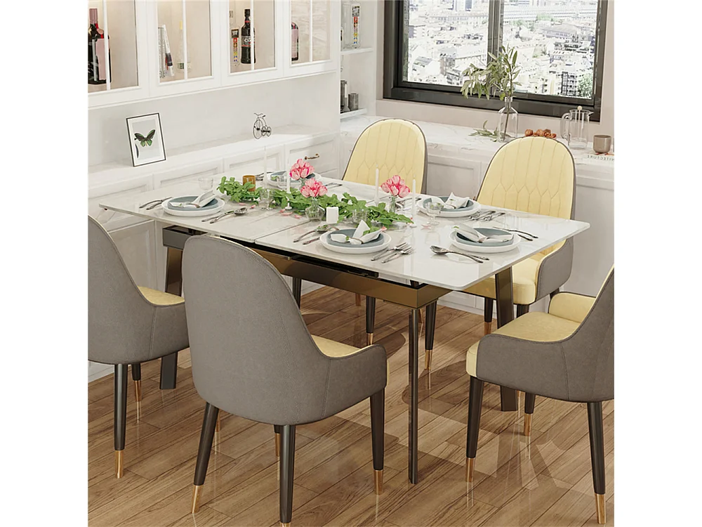 Table à manger extensible 4 à 8 couverts en pierre frittée  - Effet Marbre Blanc - 130-160cm