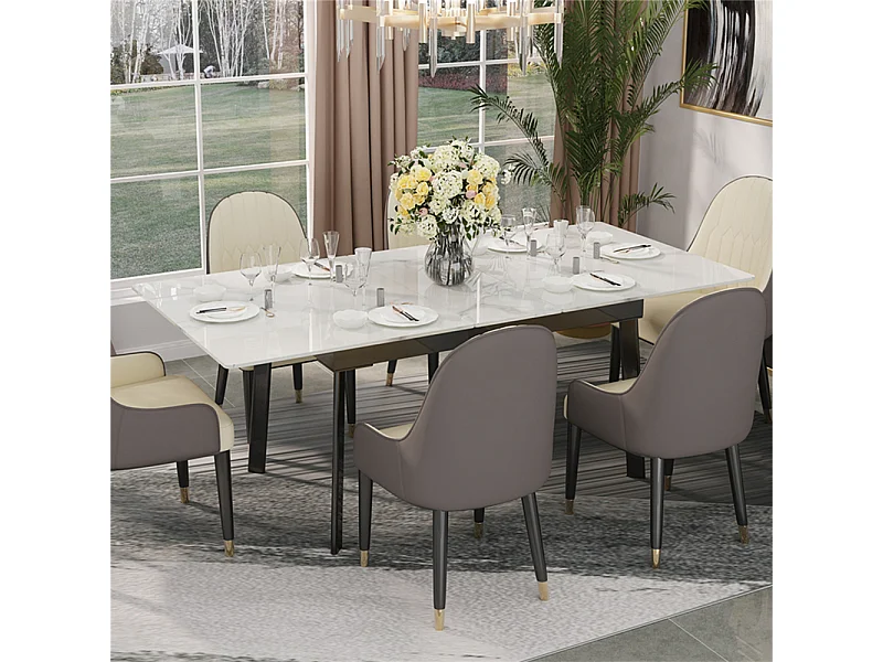 Table à manger extensible 4 à 8 couverts en pierre frittée  - Effet Marbre Blanc - 130-160cm