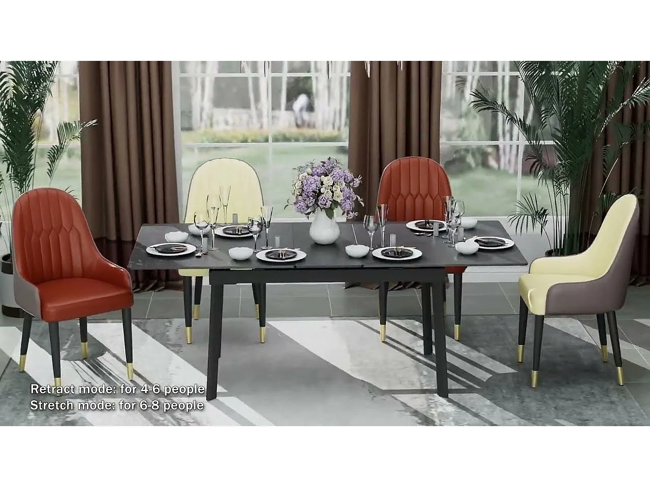 Table à manger extensible 4 à 8 couverts en pierre frittée  - Effet Marbre Noir - 130-160cm