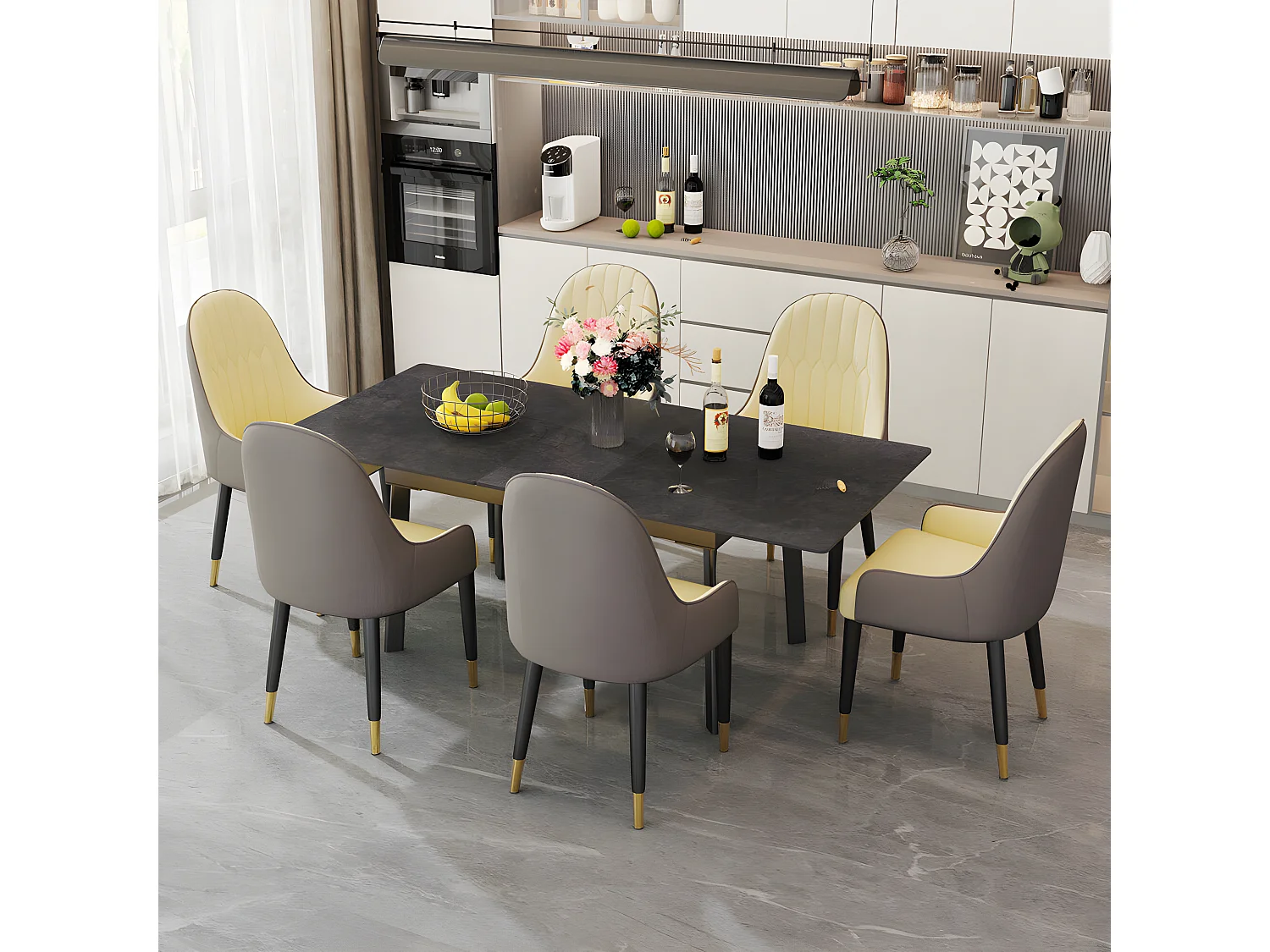Table à manger extensible 4 à 8 couverts en pierre frittée  - Effet Marbre Noir - 130-160cm