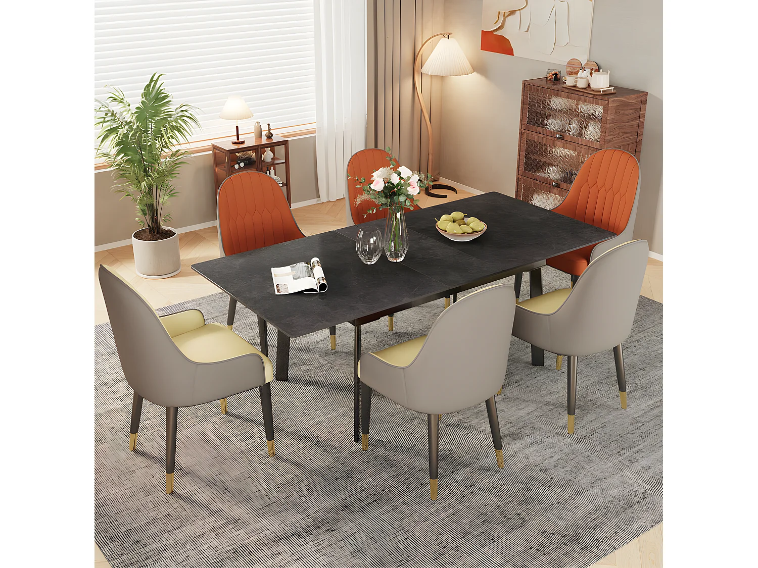 Table à manger extensible 4 à 8 couverts en pierre frittée  - Effet Marbre Noir - 130-160cm