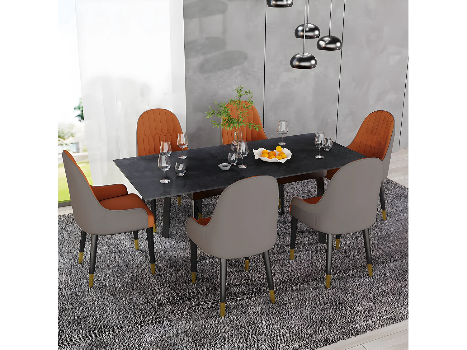 Table à manger extensible 4 à 8 couverts en pierre frittée  - Effet Marbre Noir - 130-160cm