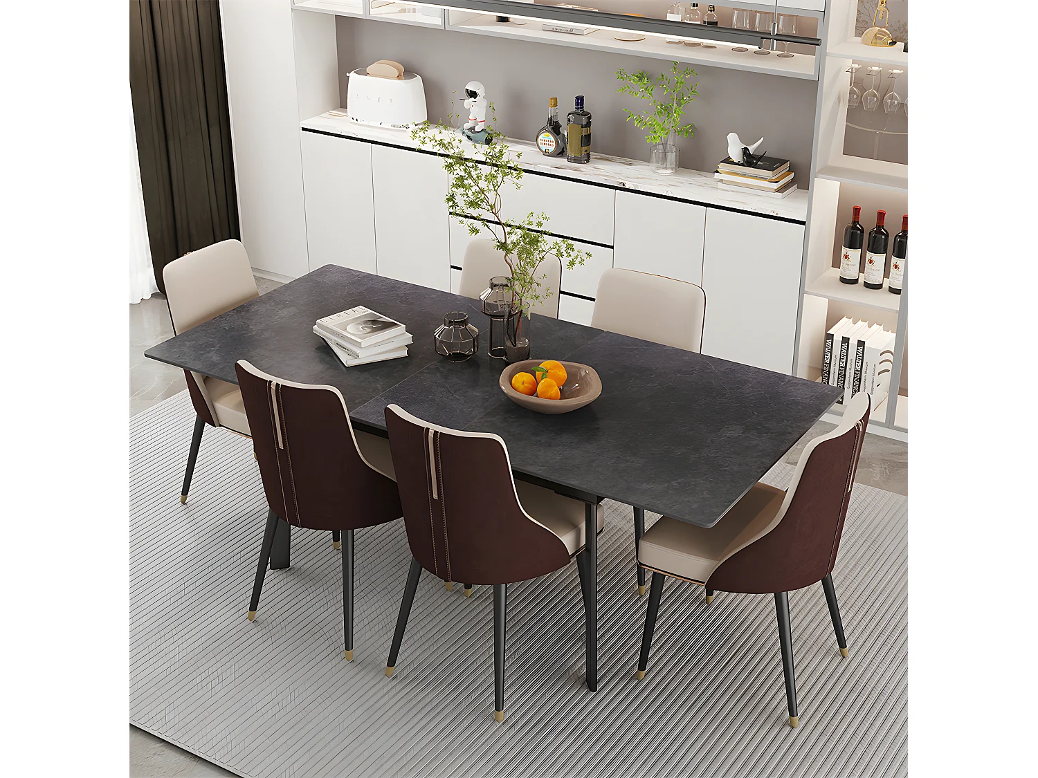 Table à manger extensible 4 à 8 couverts en pierre frittée  - Effet Marbre Noir - 130-160cm