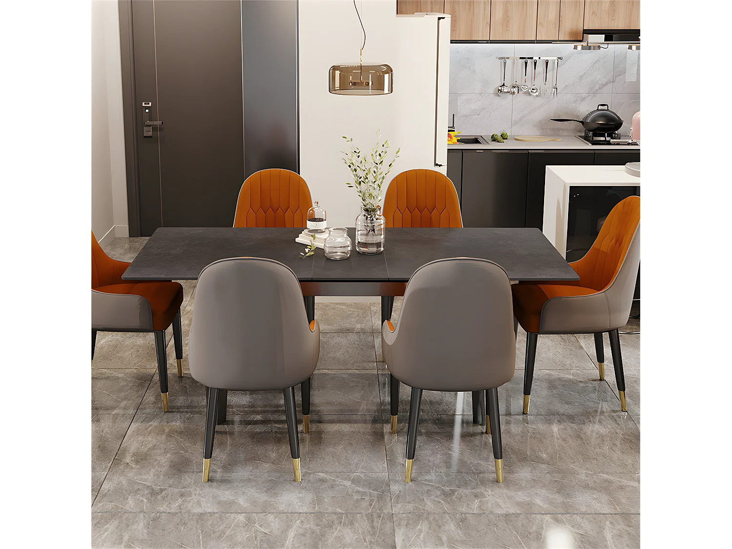 Table à manger extensible 4 à 8 couverts en pierre frittée  - Effet Marbre Noir - 130-160cm