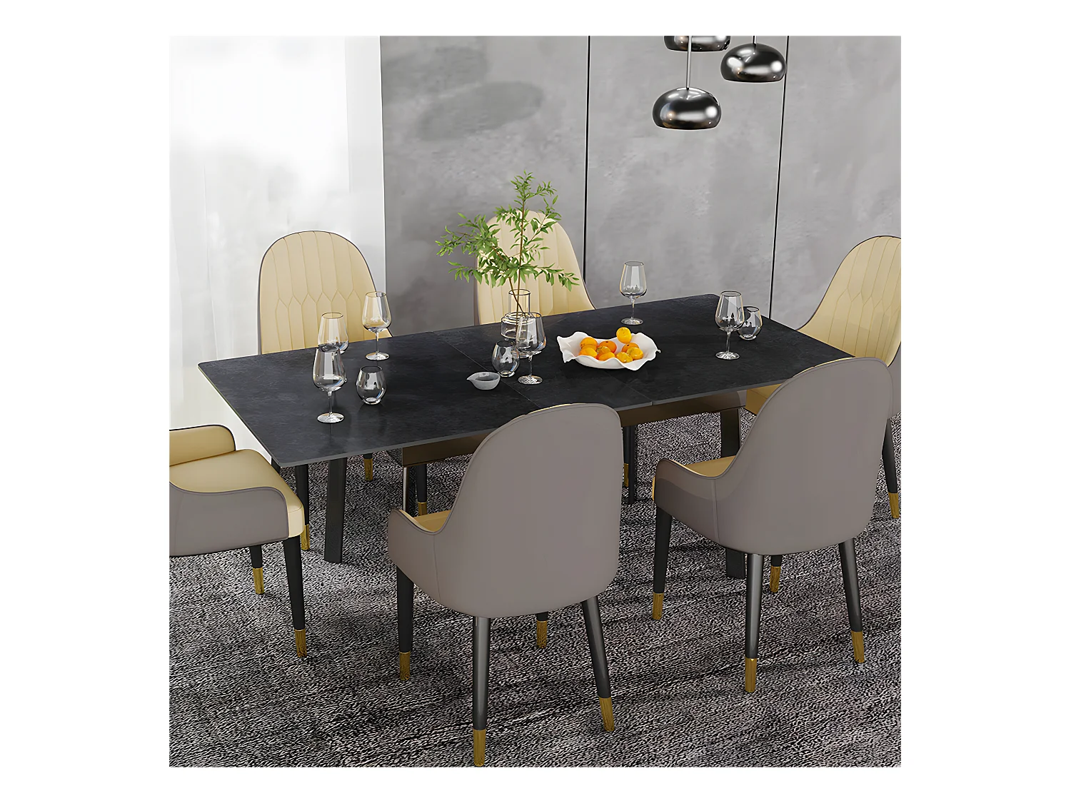 Table à manger extensible 4 à 8 couverts en pierre frittée  - Effet Marbre Noir - 130-160cm