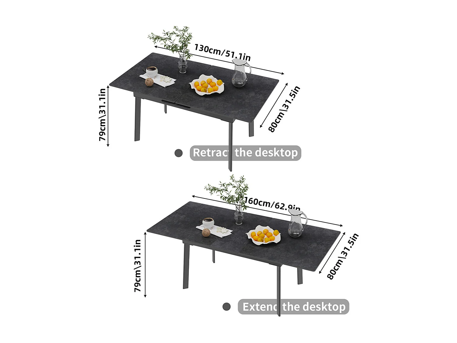 Table à manger extensible 4 à 8 couverts en pierre frittée  - Effet Marbre Noir - 130-160cm