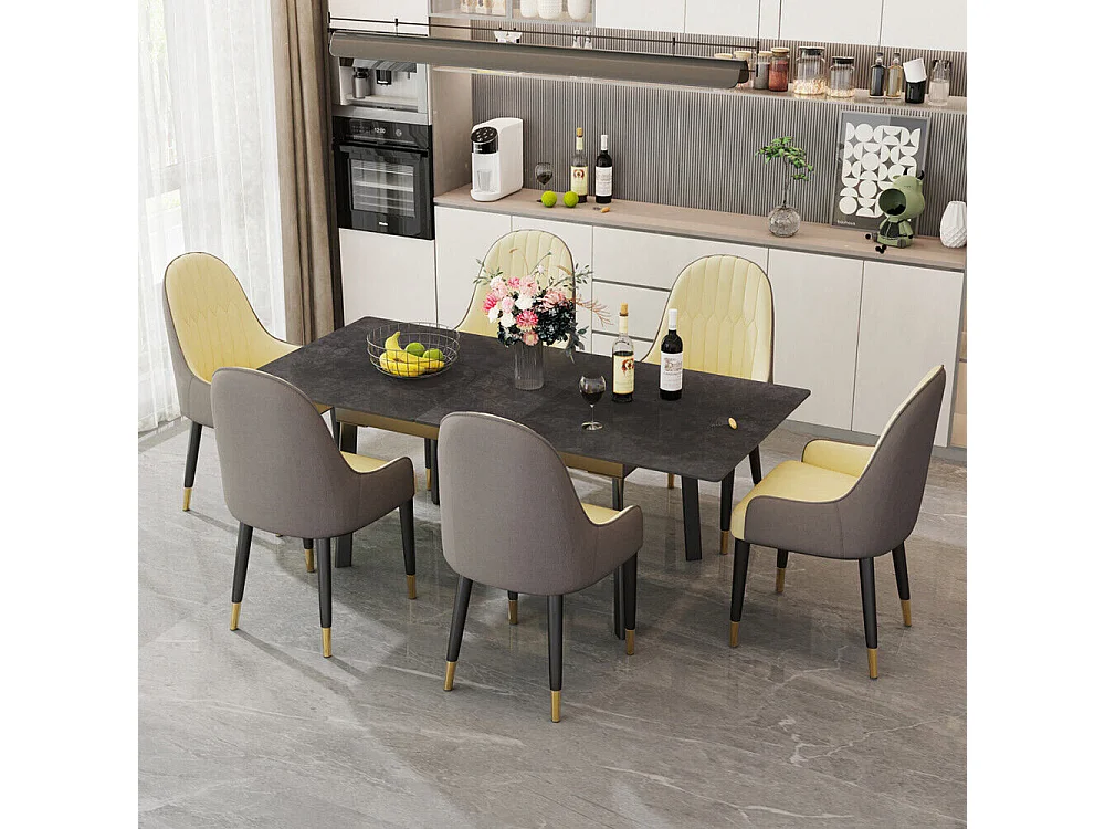 Table à manger extensible 4 à 8 couverts en pierre frittée  - Effet Marbre Noir - 130-160cm