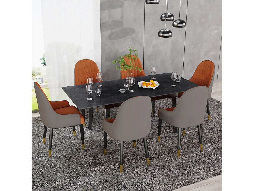 Table à manger extensible 4 à 8 couverts en pierre frittée  - Effet Marbre Noir - 130-160cm