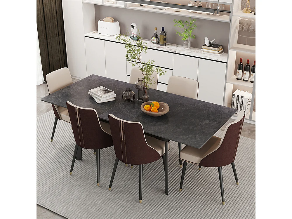 Table à manger extensible 4 à 8 couverts en pierre frittée  - Effet Marbre Noir - 130-160cm