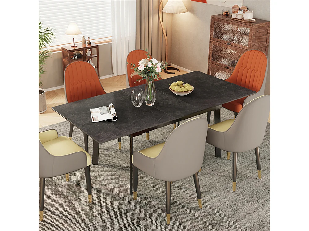 Table à manger extensible 4 à 8 couverts en pierre frittée  - Effet Marbre Noir - 130-160cm