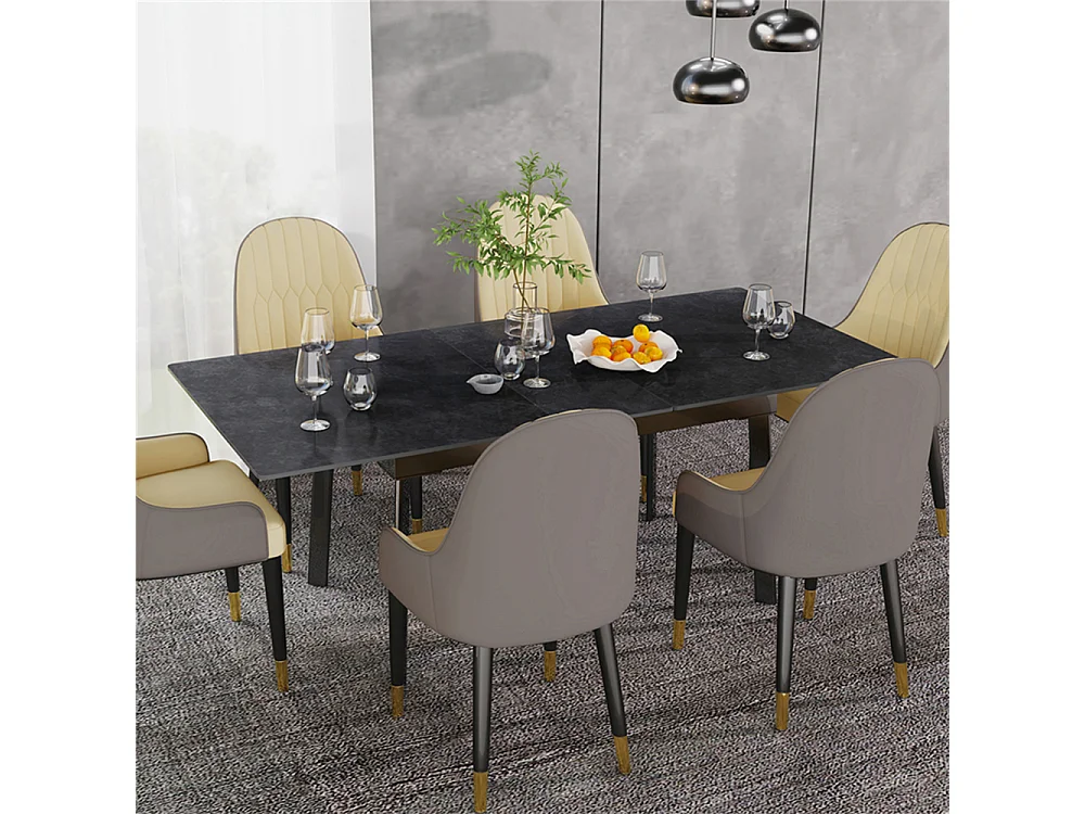 Table à manger extensible 4 à 8 couverts en pierre frittée  - Effet Marbre Noir - 130-160cm