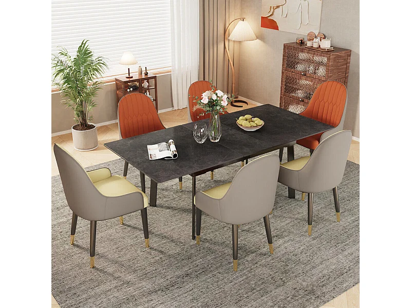 Table à manger extensible 4 à 8 couverts en pierre frittée  - Effet Marbre Noir - 130-160cm