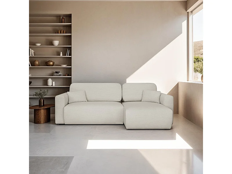 Canapé d'angle réversible convertible 4 places avec coffre de rangement en tissu écru - Davis