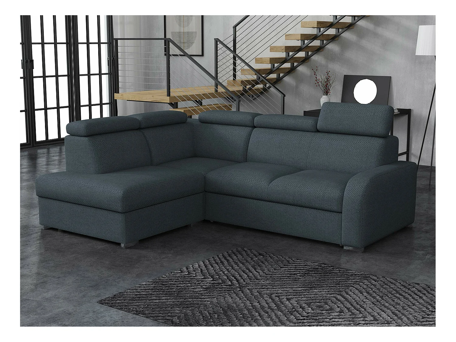 Canapé d'angle Etrcala 108, Bleu, Fonction de couchage, Boîte de literie, 250x200x85cm