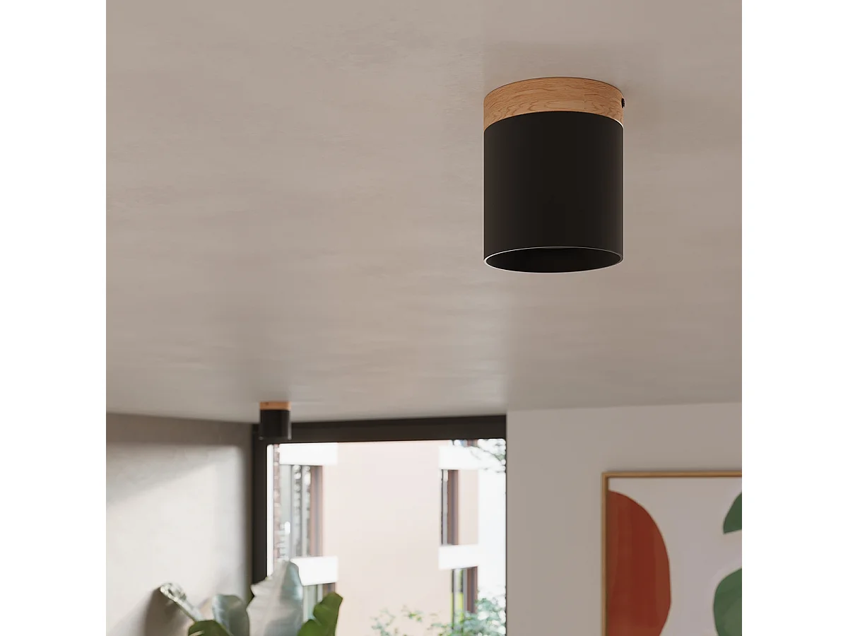 Plafonnier Rif Scandinave En Bois/Aluminium - 1 Sources Lumineuses - L.12 X H.14 Cm - Noir/Bois Naturel