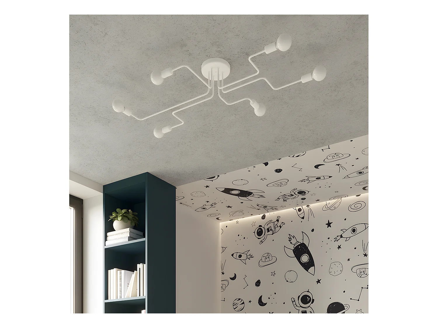 Lampade Da Soffitto Vector Industriale Di Acciaio - 6 Sorgenti Luminose - L.80 X A.15,5 Cm - Bianco