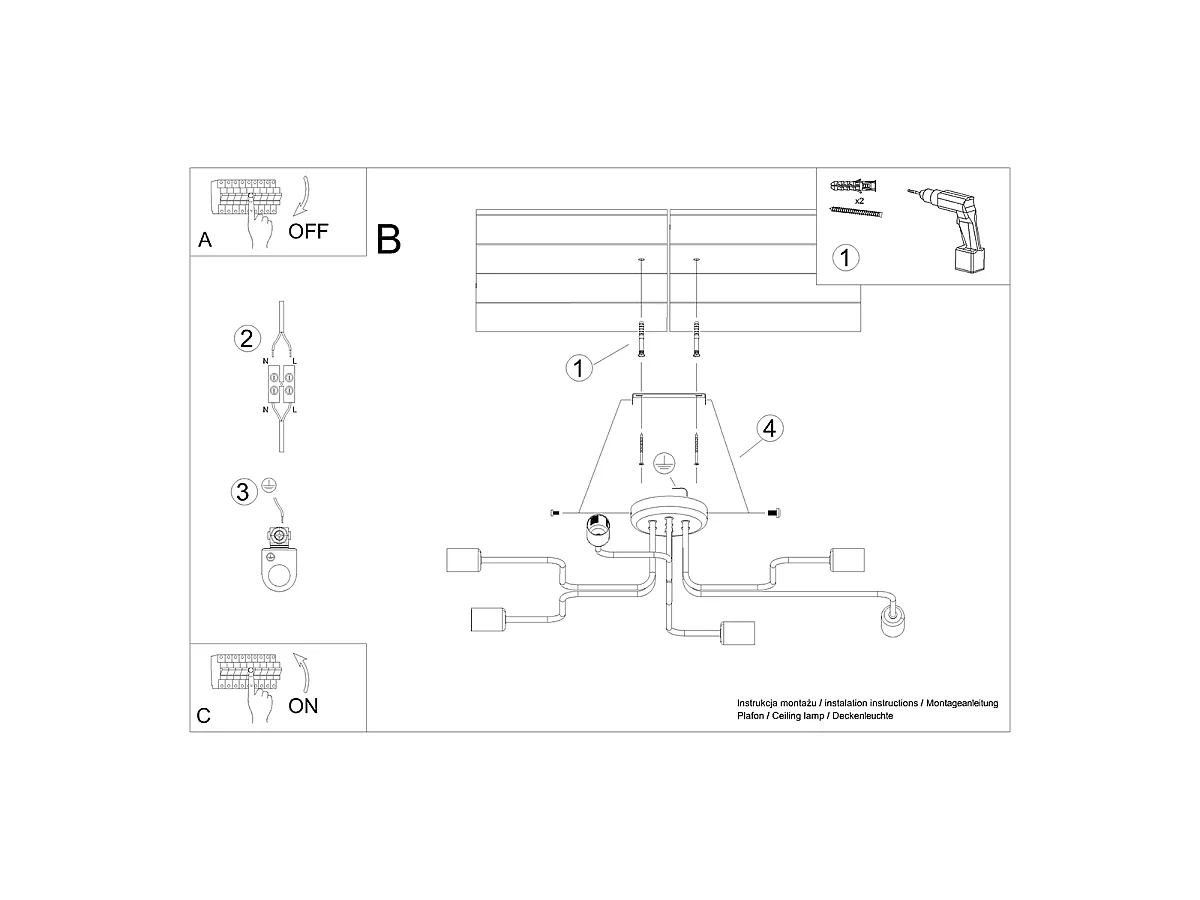 Plafondlamp VECTOR industrieel van  - 6 lichtbronnen - L.80 x H.15,5 cm - zwart