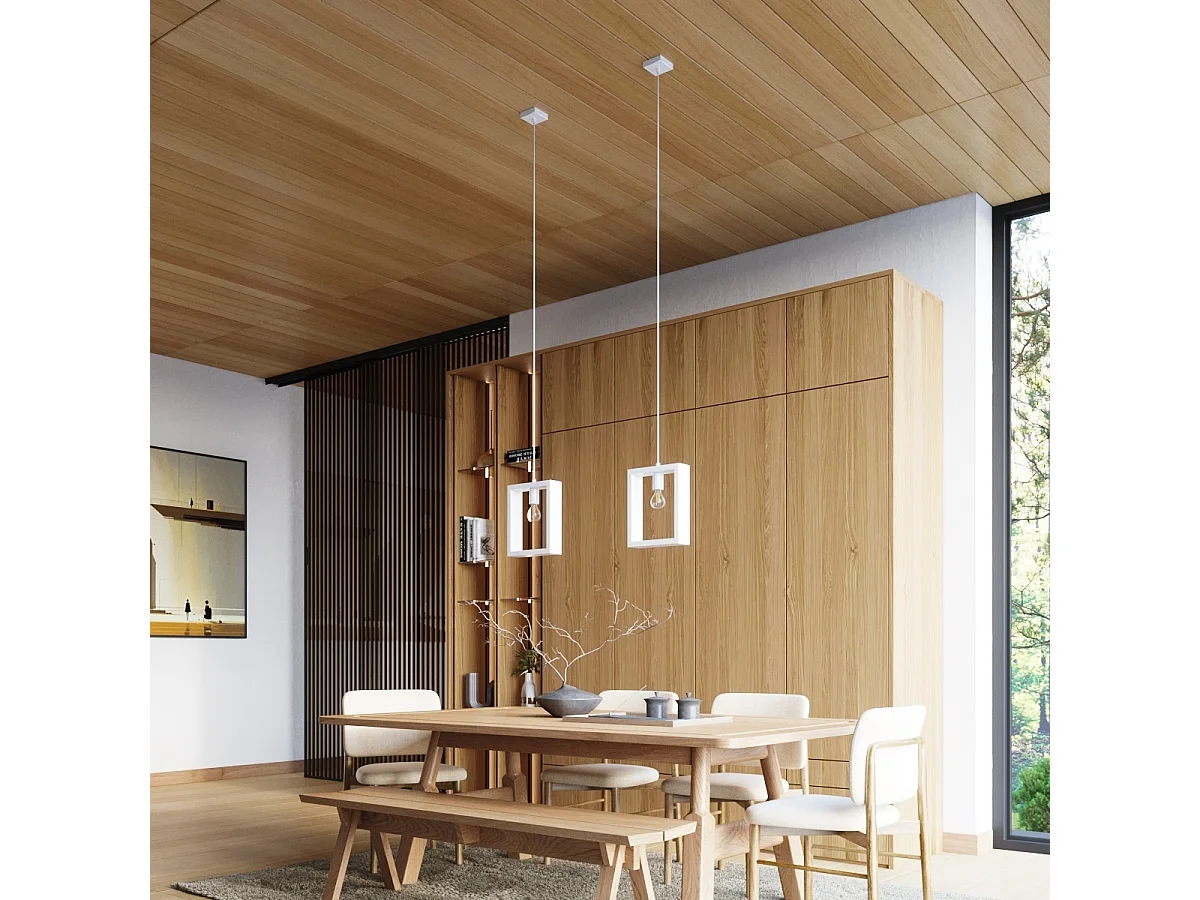 Lampe Suspendues Aries Scandinave En Acier/Bois - 1 Sources Lumineuses - L.24 X H.133 Cm - Blanc