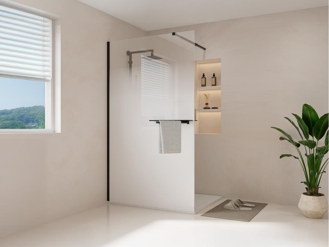vente unique Paroi de douche à l'italienne brume avec porte serviette et étagères - 120 x 200 cm - Noir mat - POMARO