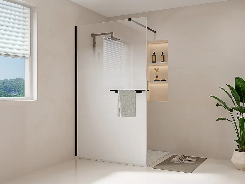 Paroi de douche à l'italienne brume avec porte serviette et étagères - 120 x 200 cm - Noir mat - POMARO