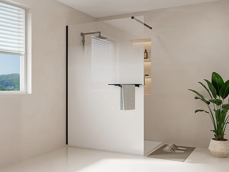 Paroi de douche à l'italienne brume avec porte serviette  et étagères - 140 x 200 cm - Noir mat - POMARO