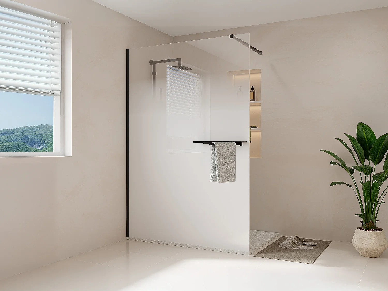 Paroi de douche à l'italienne brume avec porte serviette  et étagères - 140 x 200 cm - Noir mat - POMARO