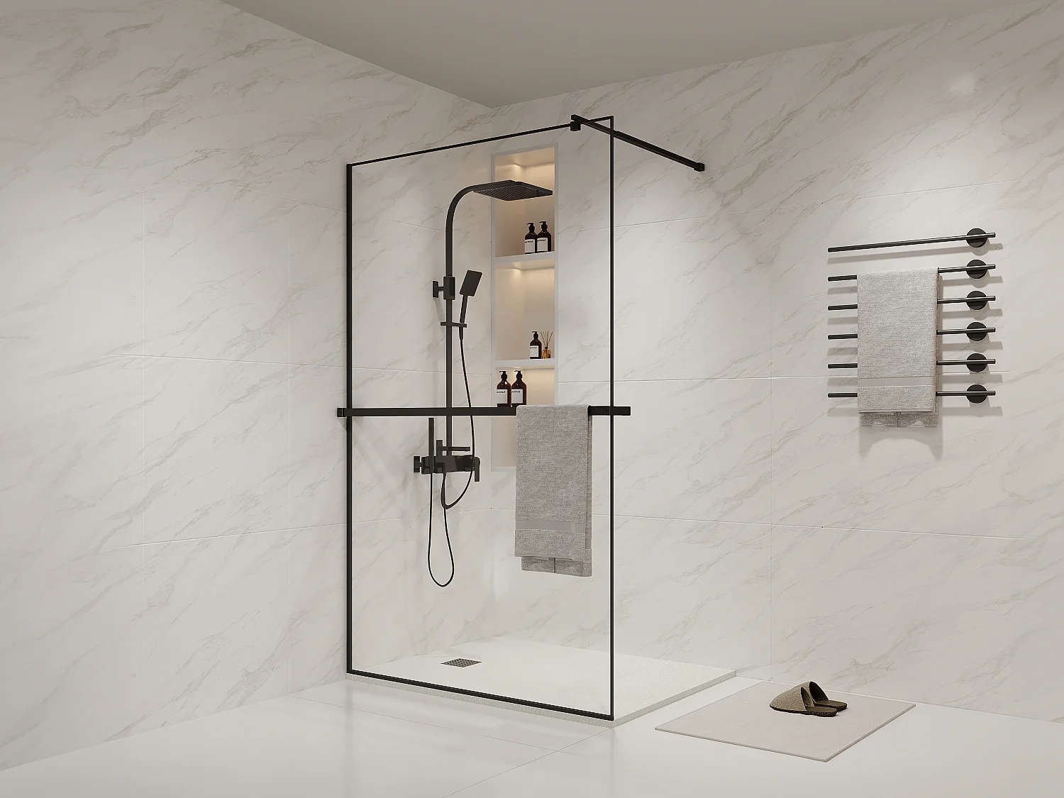 Paroi de douche à l'italienne avec porte-serviette et étagère - 120 x 200 cm - Noir mat -  BONPERO