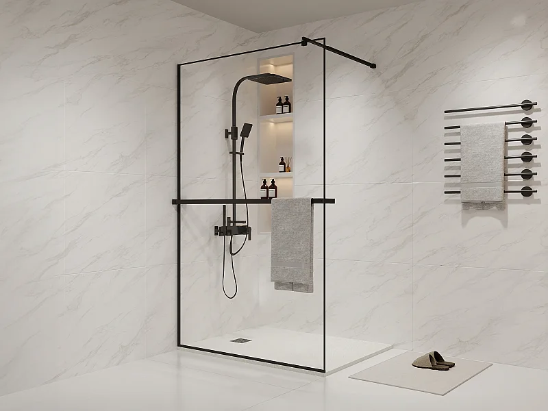 Gebogen Italiaanse douchewand met handdoekhouder en plankje - 120 x 200 cm - Mat zwart - BONPERO