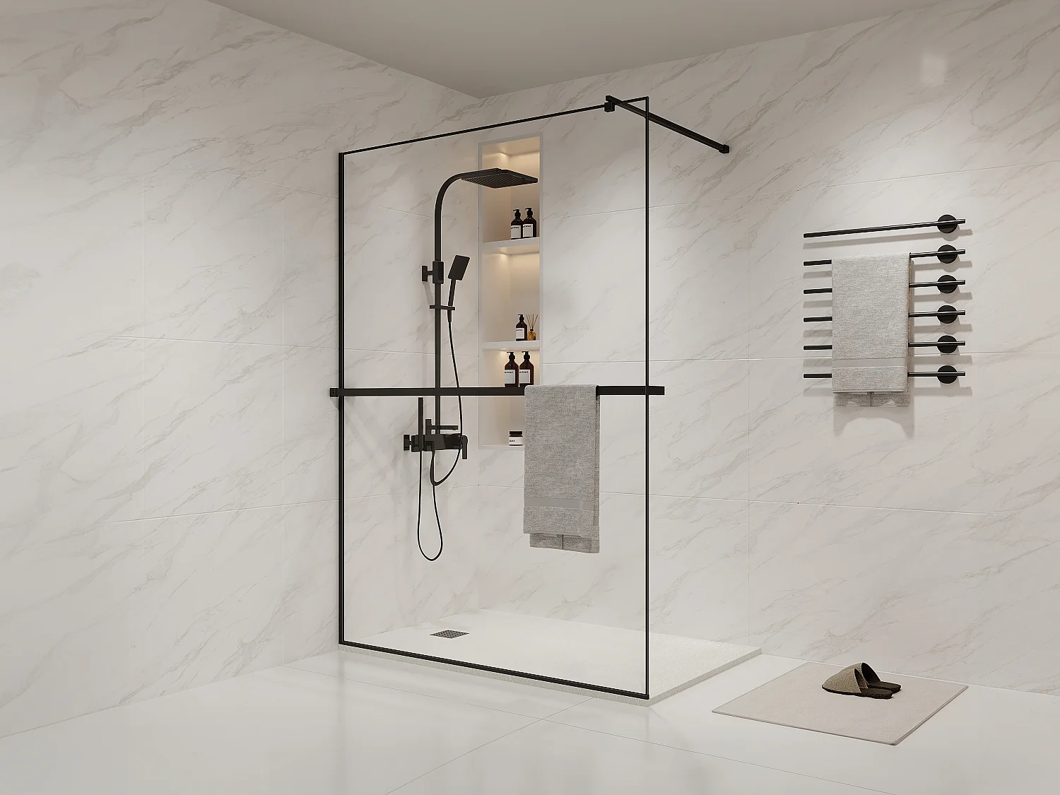 Paroi de douche à l'italienne avec porte-serviette et étagère - 140 x 200 cm - Noir mat - BONPERO