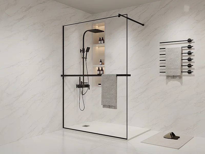 Paroi de douche à l'italienne avec porte-serviette et étagère - 140 x 200 cm - Noir mat - BONPERO