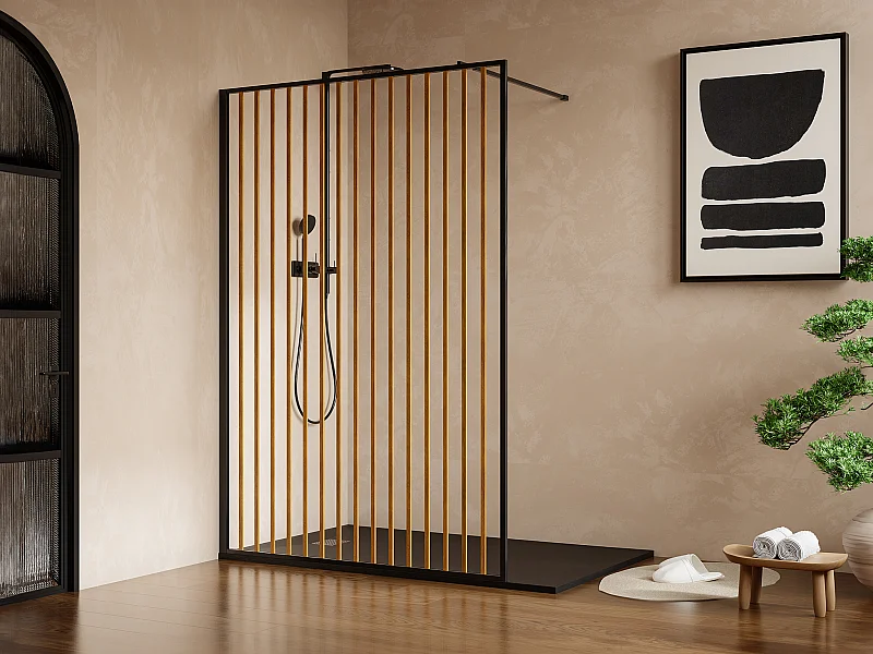 Paroi de douche à l'italienne en aluminium - Effet bois et noir mat - 120 x 200 cm - TOPEKA