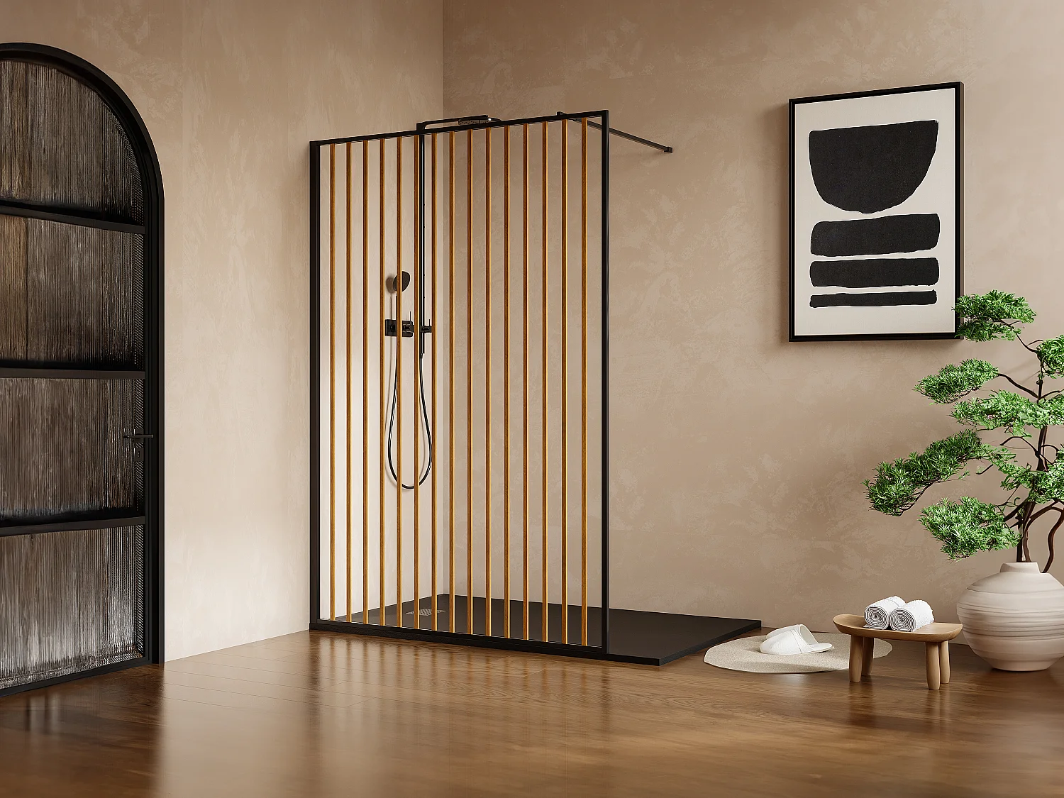 Paroi de douche à l'italienne en aluminium - Effet bois et noir mat - 120 x 200 cm - TOPEKA