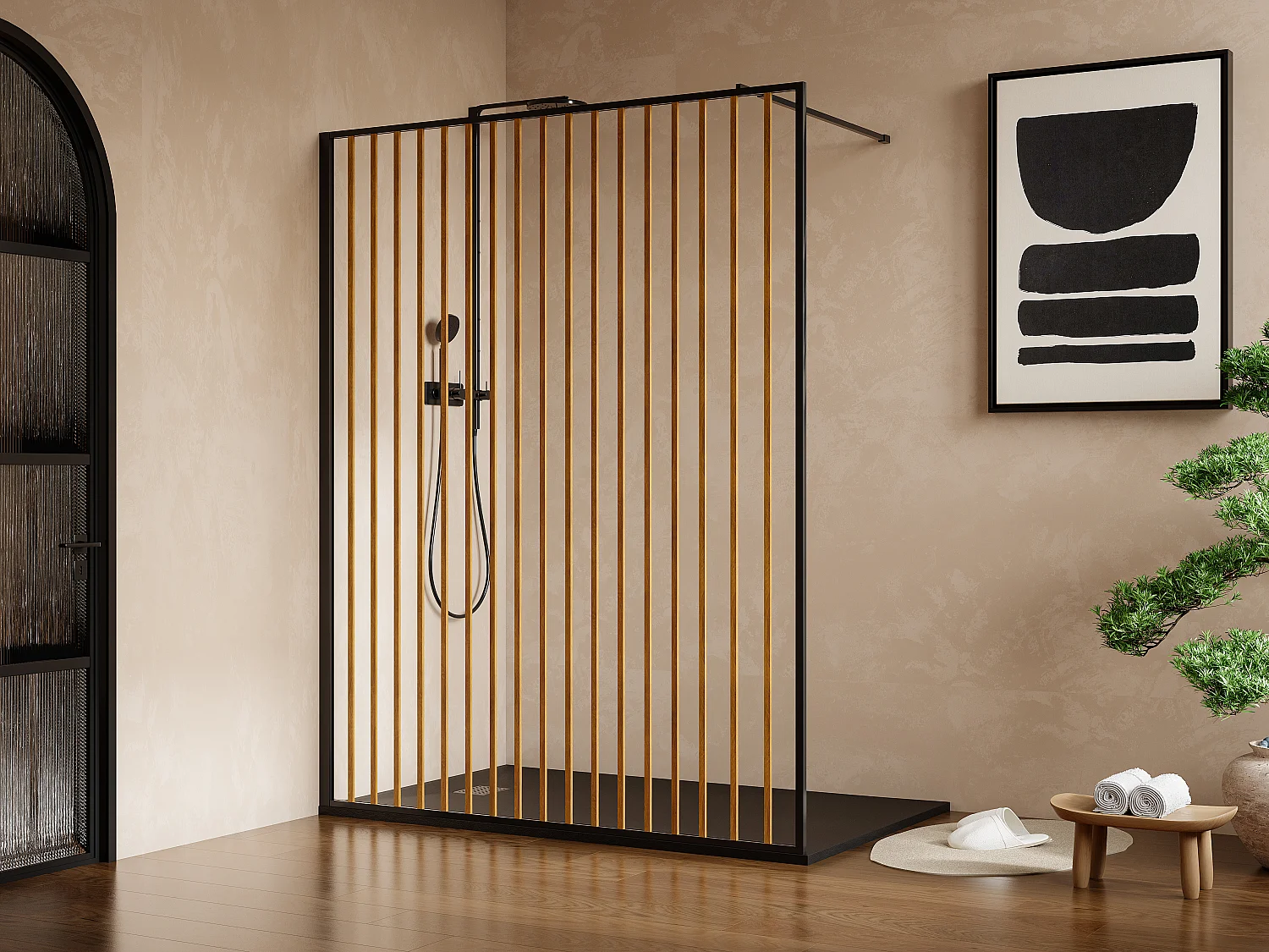 Paroi de douche à l'italienne en aluminium - Effet bois et noir mat - 140 x 200 cm - TOPEKA
