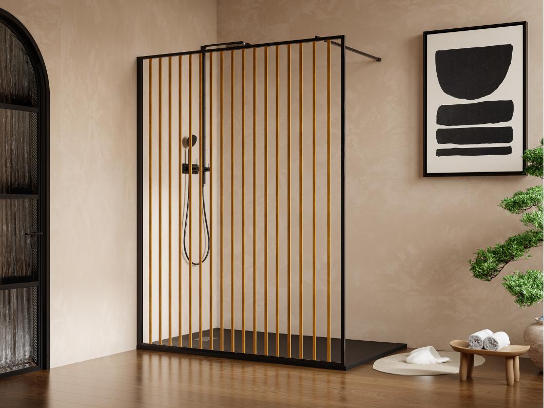Mampara de ducha italiana de aluminio - Efecto madera y negro mate - 140 x 200 cm - TOPEKA
