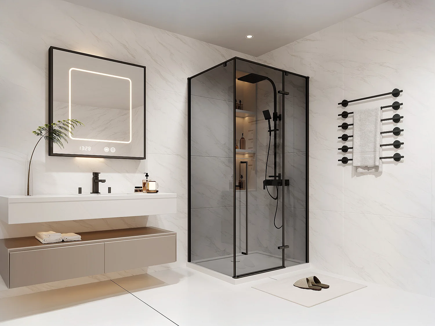 Paroi de douche avec porte pivotante en verre fumé - L100 x l80 x H190 cm - Noir mat - TERMANIO