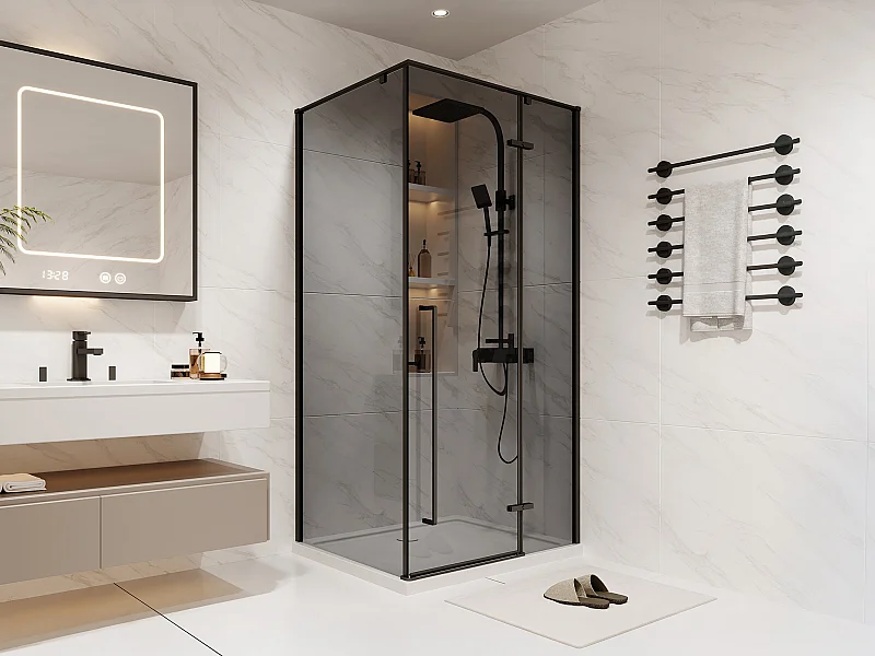 Paroi de douche avec porte pivotante en verre fumé - L100 x l80 x H190 cm - Noir mat - TERMANIO