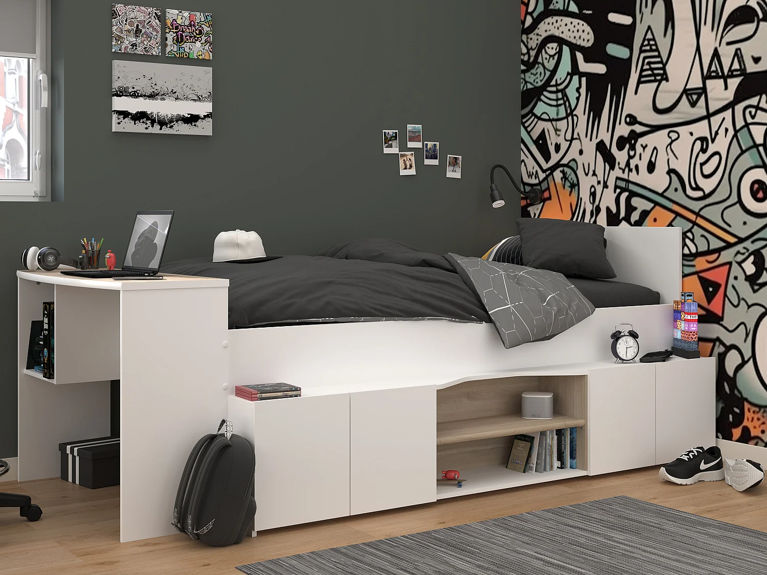 Lit combiné 90 x 190/200 cm avec bureau et rangements - Blanc et naturel + Sommier + Matelas - JOCHIANE