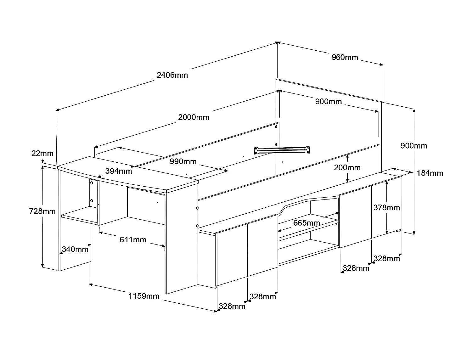 Lit combiné 90 x 190/200 cm avec bureau et rangements - Blanc et naturel + Sommier + Matelas - JOCHIANE