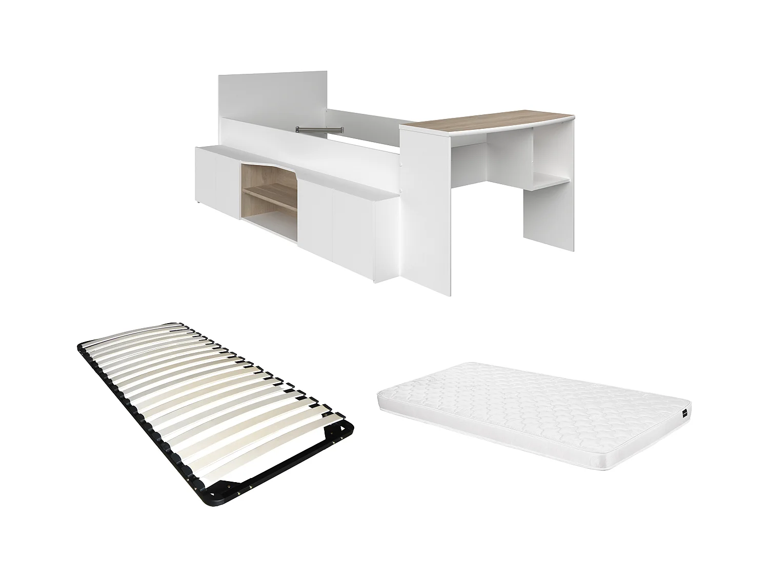 Cama 90 x 190/200 cm con escritorio y compartimentos - blanco y natural + Somier + Colchón - JOCHIANE