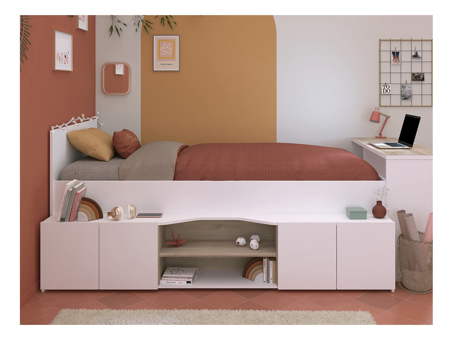Cama 90 x 190/200 cm con escritorio y compartimentos - blanco y natural + Somier + Colchón - JOCHIANE